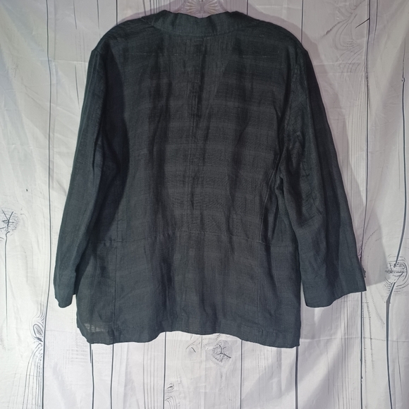 Eileen Fisher 3/4 Sleeve Black Striped Plaid 100% Linen Button-Up Blazer - Picture 10 of 14